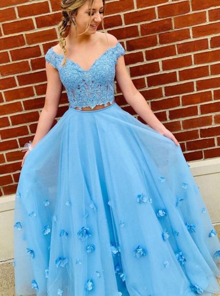 Blue Two Piece Prom Dresses,Tulle Prom Dress,12074