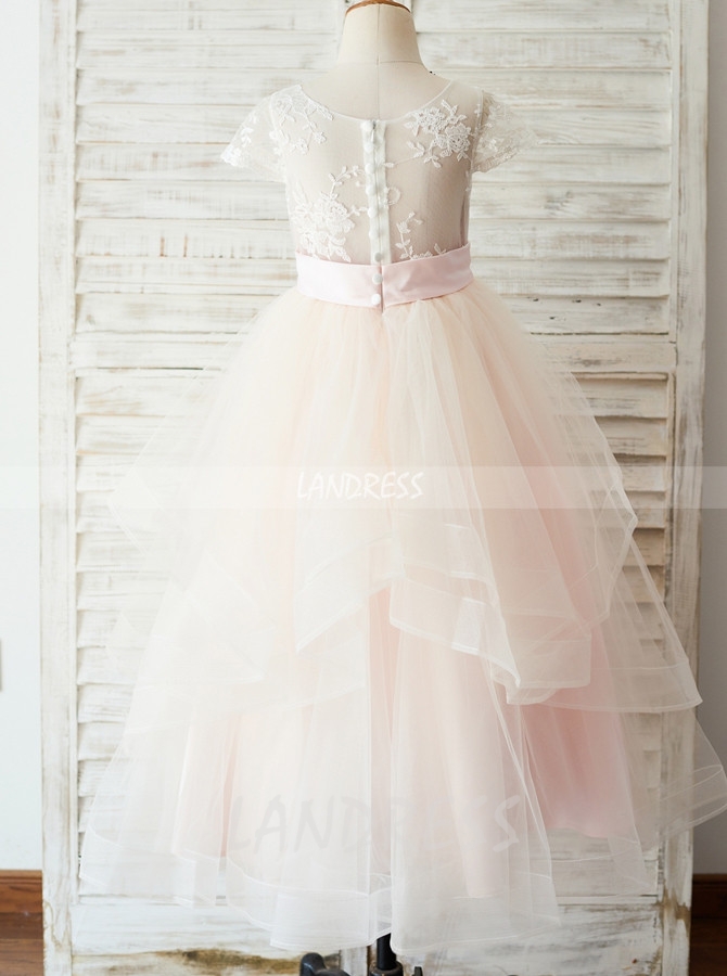 Blushing Pink Flower Girl Dress with Short Sleeves,Floor Length Girl Party Dress,11821