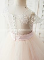 Blushing Pink Flower Girl Dress with Short Sleeves,Floor Length Girl Party Dress,11821