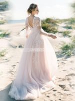 Blushing Pink Tulle Outdoor Wedding Dress,High Neck Wedding Dress with Flounce Sleeves,12168