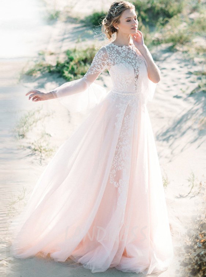 Blushing Pink Tulle Outdoor Wedding Dress,High Neck Wedding Dress with Flounce Sleeves,12168