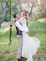 Bohemian Lace Wedding Dress,Off the Shoulder Bridal Dress for Outdoor Wedding,12225