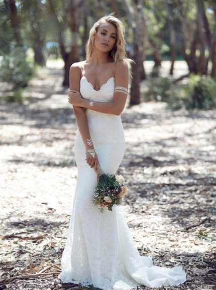 Bohemian Lace Wedding Dress,Open Back Spaghetti Straps Wedding Dress,12228