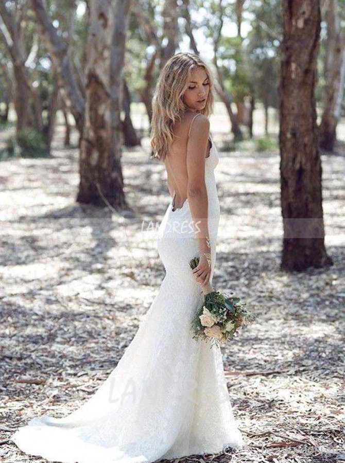 Bohemian Lace Wedding Dress,Open Back Spaghetti Straps Wedding Dress,12228