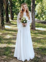 Bohemian Sheer Lace Long Sleeve Wedding Dress Two Piece Tulle Skirt,12235