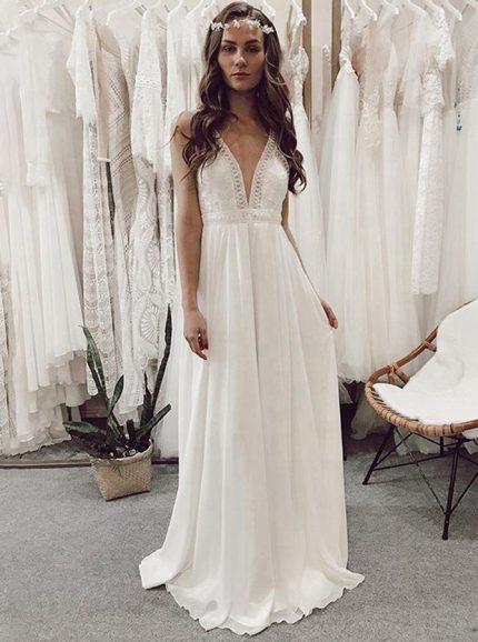 Boho Chiffon Wedding Dress,Beach Wedding Dress with Straps,12215