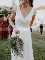 Boho Chiffon Wedding Dress Cutout Back,Simple Beach Bridal Dress Sweep Train,12244