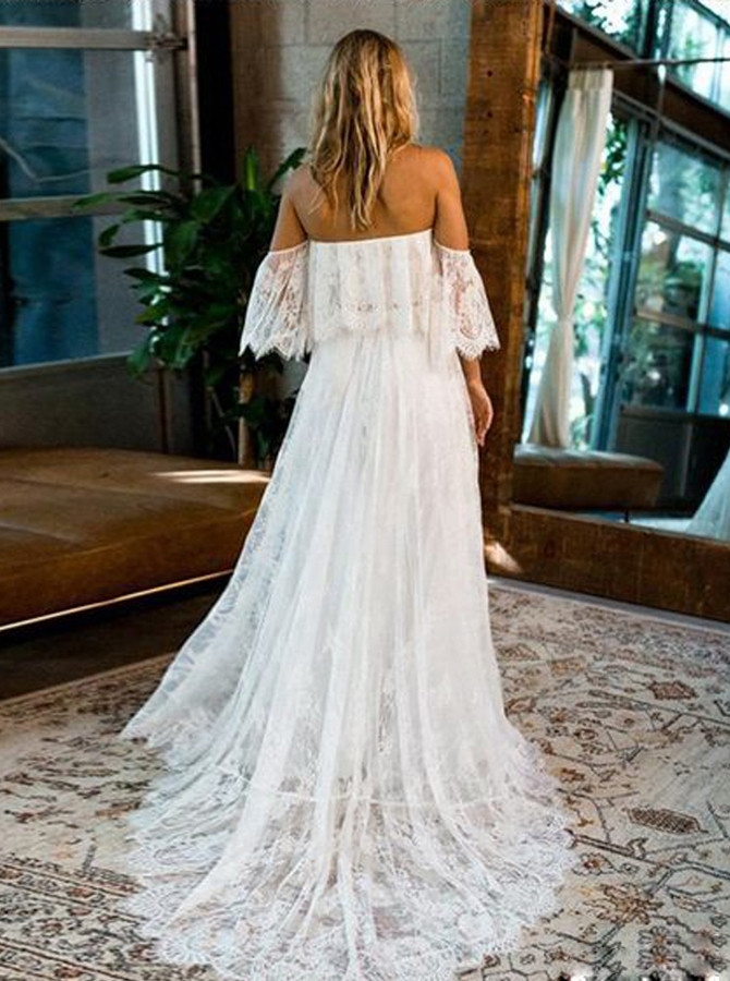 Boho Lace Wedding Dresses,Off the Shoulder Wedding Dress,11966