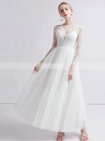 Boho Tea Length Wedding Dresses,Tulle Wedding Dress with Sleeves,12043