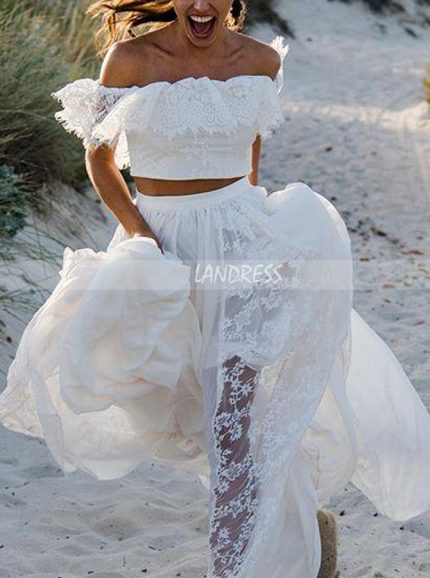 Boho Two Piece Wedding Dresses,Off the Shoulder Beach Wedding Dress,12063