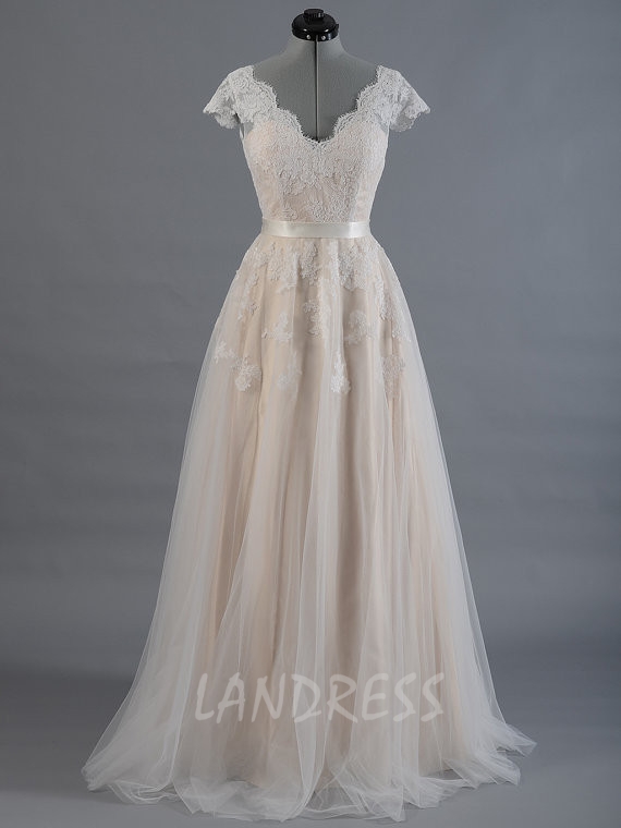 Boho Wedding Dresses with Cap Sleeves,Lace Bridal Dress,11277