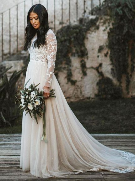 Boho Wedding Dresses with Long Sleeves,Tulle Wedding Dress,11311