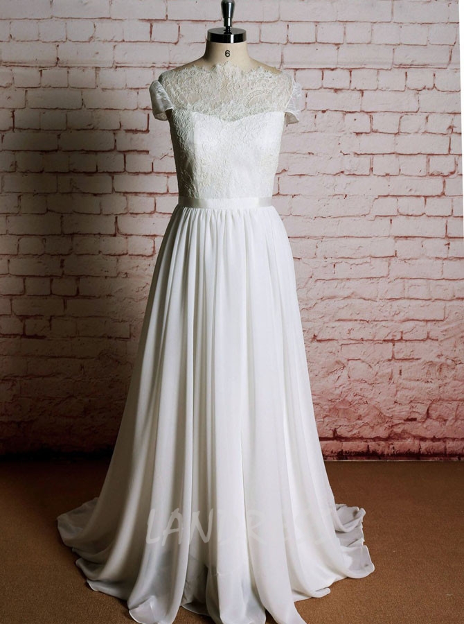 Boho Wedding Dresses with Short Sleeves,Chiffon Wedding Dress,11615
