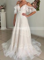 Boho Wedding Dress,Lace and Tulle Bridal Dress Outdoor,12205