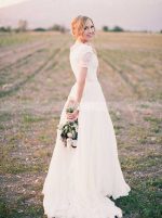 Boho Wedding Dress,Simple Bridal Dress with Short Sleeves,12033