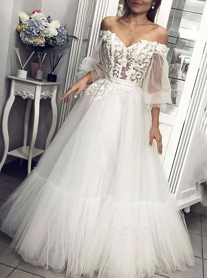 Boho Wedding Dress with Off the Shoulder,Illusion Sleeves Bridal Dress,12207