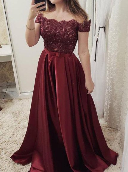 Burgundy Prom Dress,Off the Shoulder Prom Dress for Teens,12001