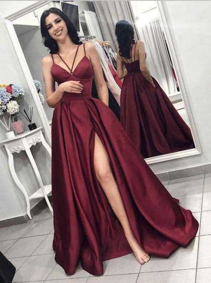 Burgundy Satin Prom Dresses,Prom Dress with Pockets,12005