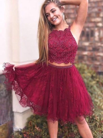 Burgundy Two Piece Homecoming Dresses,Lace Cocktail Dress,11507
