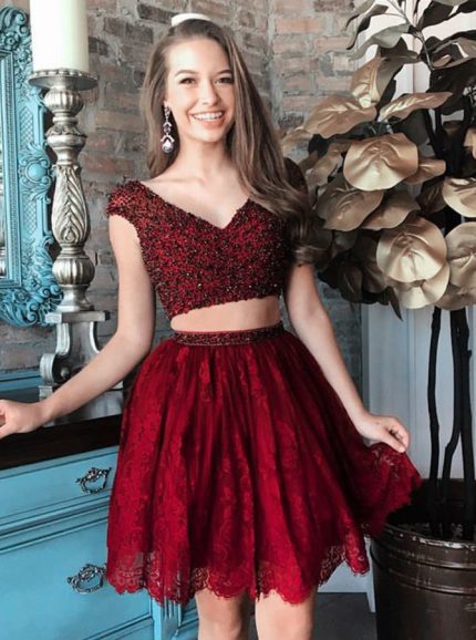 Burgundy Two Piece Homecoming Dresses,Lace Short Prom Dress,11528