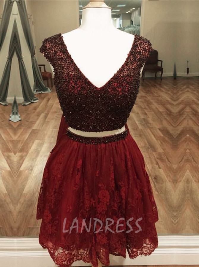 Burgundy Two Piece Homecoming Dresses,Lace Short Prom Dress,11528
