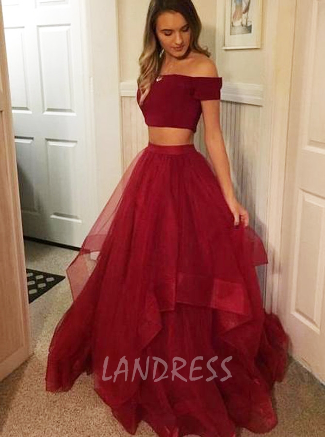 Burgundy Two Piece Prom Dresses,Ruffled Tulle Prom Dress,Prom Dress for Teens,11224