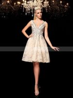 Champagne A-line Homecoming Dresses,V-neck Elegant Short Prom Dress,11489