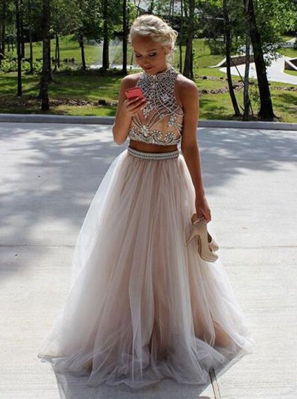 Champagne A-line Prom Dresses,Two Piece Tulle Prom Dress,11948