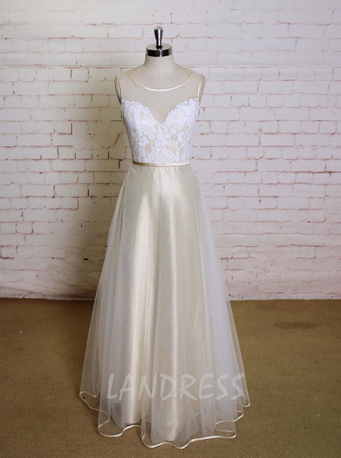 Champagne A-line Wedding Dresses,Floor Length Wedding Dress,11588