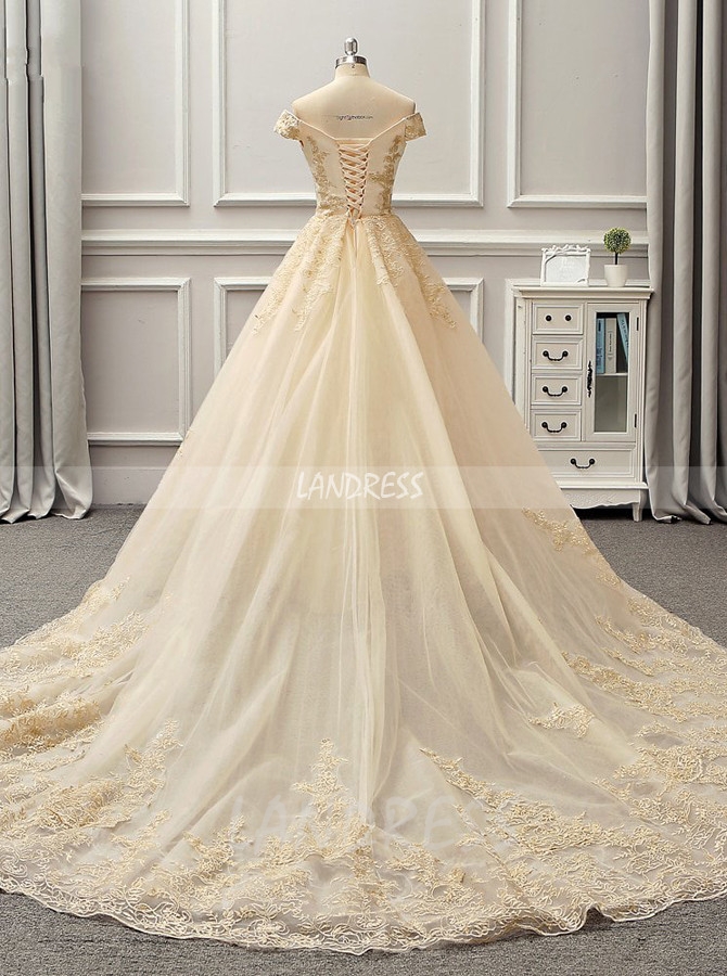 Champagne A-line Wedding Dresses,Off the Shoulder Bridal Gown,11722