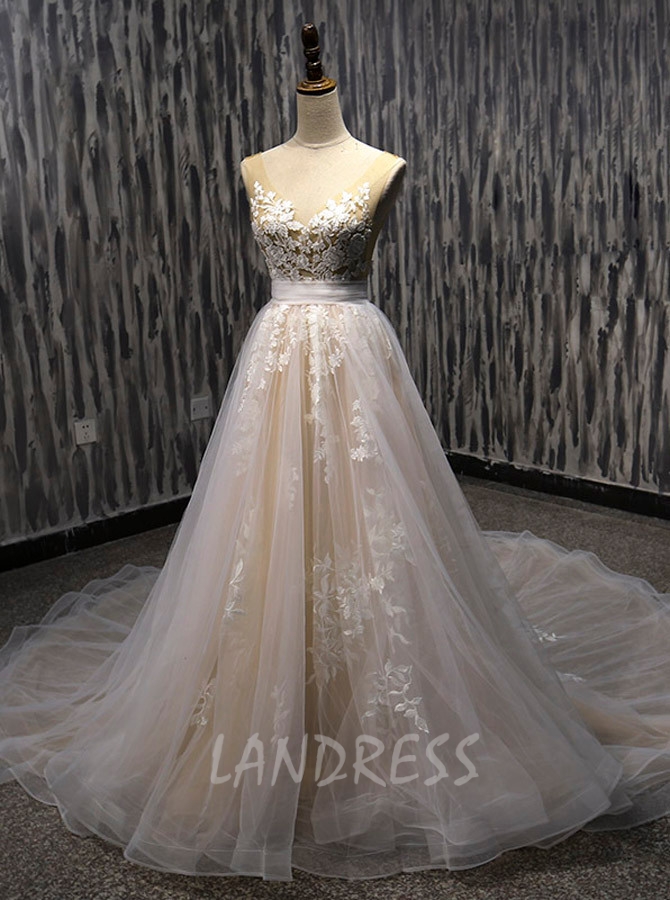 Champagne A-line Wedding Dresses,Tulle Wedding Dress,11717