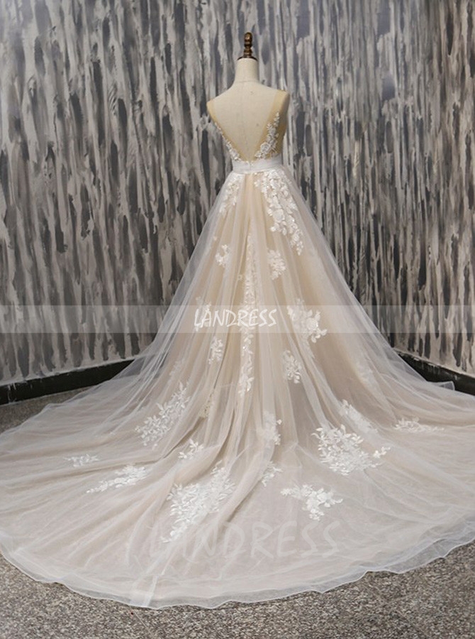 Champagne A-line Wedding Dresses,Tulle Wedding Dress,11717
