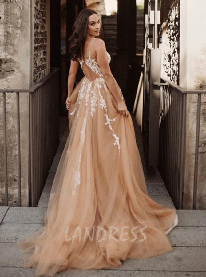 Champagne A-line Wedding Dress with Cutout Back,Outdoor Bridal Gown,12232