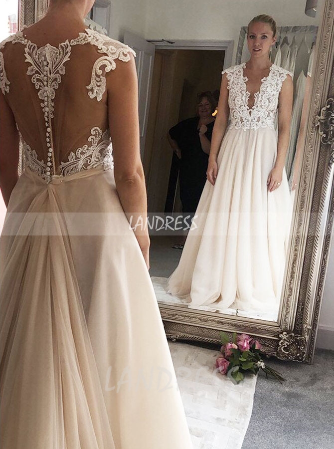 Champagne Aline Wedding Dress with Pockets,See Through Bridal Gown,12261