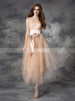 Champagne Asymmetrical Tulle Homecoming Dresses,Strapless Short Prom Dress,11437