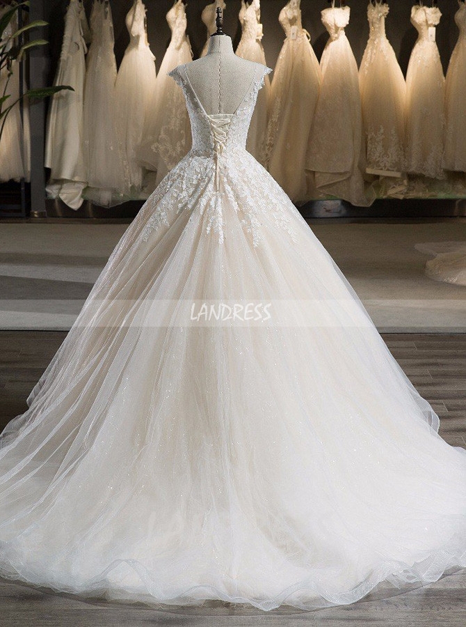 Champagne Ball Gown Wedding Dresses,Long Train Wedding Gown,11719