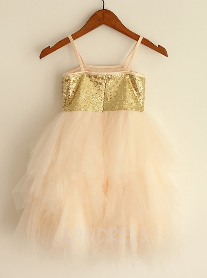 Champagne Girl Party Dress with Straps,Ruffled Tulle Flower Girl Dress,11836