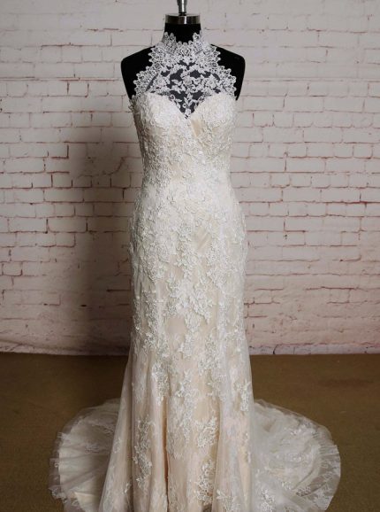 Champagne High Neck Wedding Dresses,Lace Mermaid Wedding Dress,11584