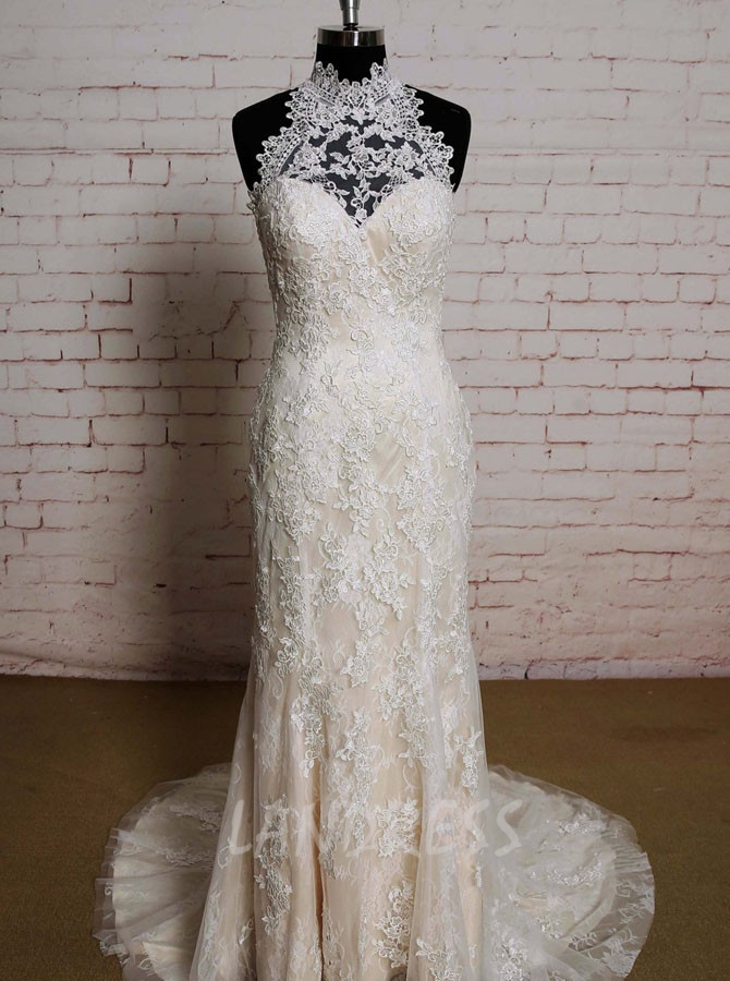 Champagne High Neck Wedding Dresses,Lace Mermaid Wedding Dress,11584