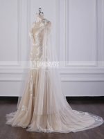 Champagne Mermaid Wedding Dress,Tulle Bridal Dress with Shawl,12091