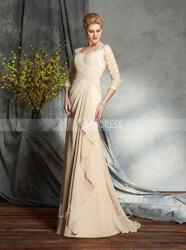Champagne Mother of the Bride Dresses with Sleeves,Long Chiffon Mother Dress,11736