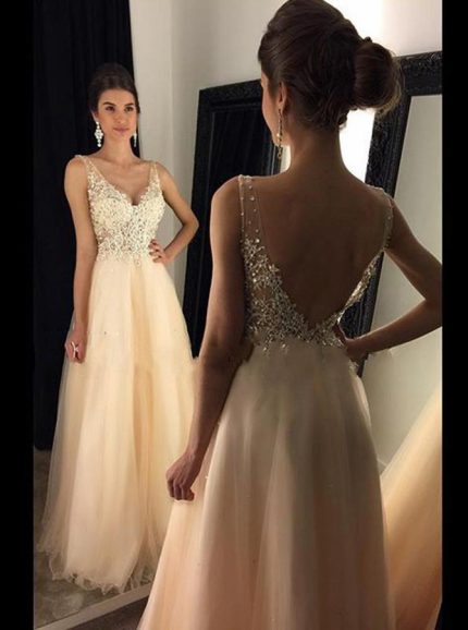 Champagne Prom Dress,Tulle Long Prom Dress,Elegant Evening Dress,11170