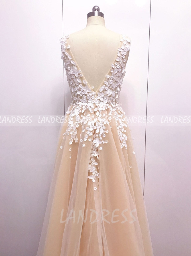 Champagne Tulle Wedding Dresses,V-neck Bridal Dress,Modern Bridal Dress,11142