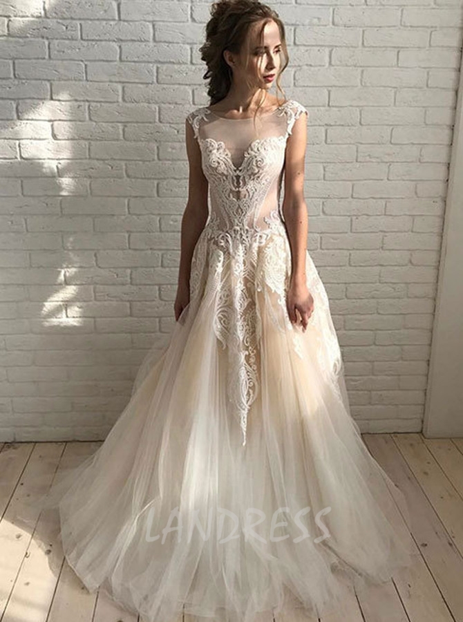 Champagne Wedding Dresses,Tulle Bridal Dress with Lace Appliques,Fashion Wedding Dress,11168