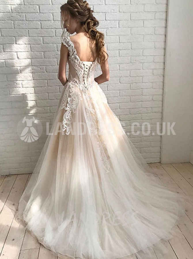 Champagne Wedding Dresses,Tulle Bridal Dress with Lace Appliques,Fashion Wedding Dress,11168