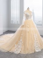 Champagne Wedding Dresses with Sleeves,Floral Bridal Dress,11694