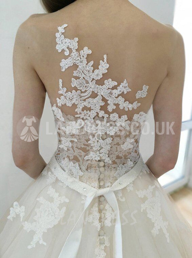 Champagne Wedding Dress,Modest Bridal Dress,Illusion Wedding Dress,11126