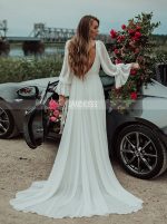 Chiffon Beach Wedding Dress with Long Sleeves,V-neck Wedding Dress,12173