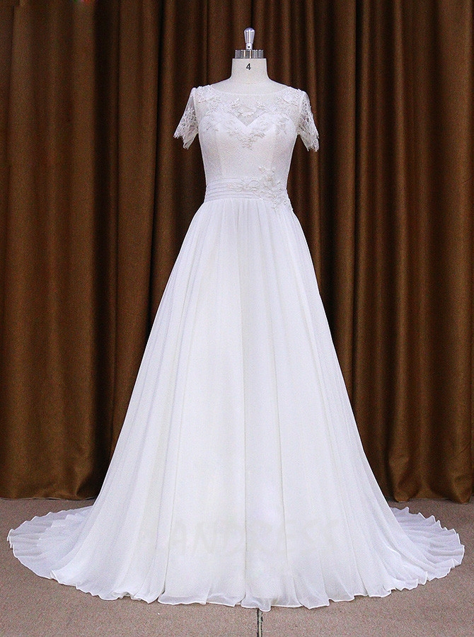 Chiffon Wedding Dress with Short Sleeves,Beach Wedding Dress,11709