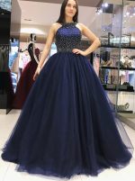 Dark Navy Ball Gown Prom Dresses,Crystal Tulle Prom Dress,11939